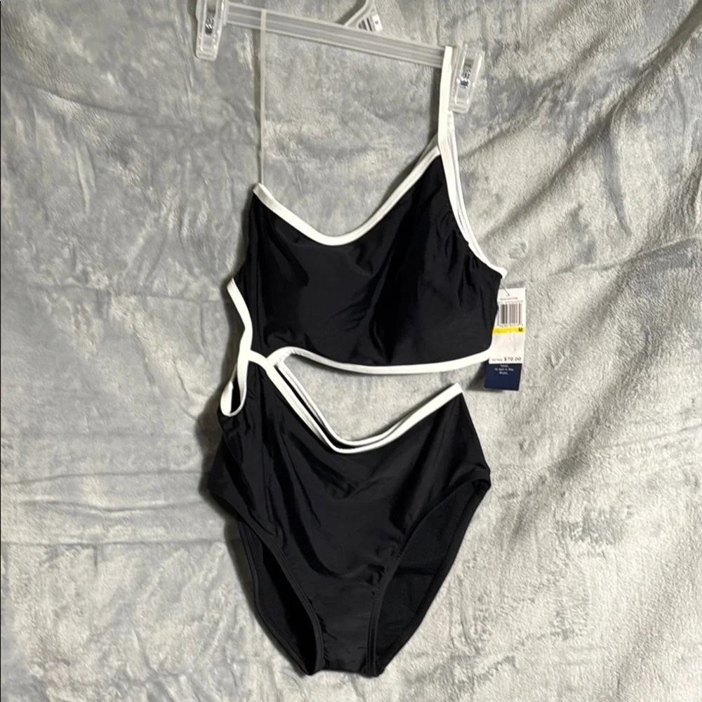 NWT Black  White One-Shoulder Swimsuit women’s cut outs high waist hi cut thighs